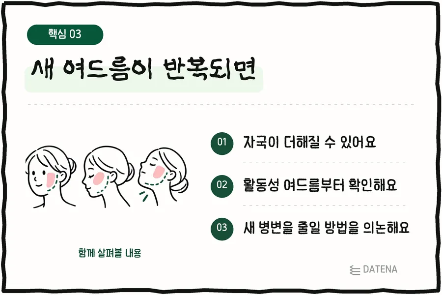새 여드름이 반복되면: 자국이 더해질 수 있어요; 활동성 여드름부터 확인해요; 새 병변을 줄일 방법을 의논해요 — 다태나의원 설명 카드