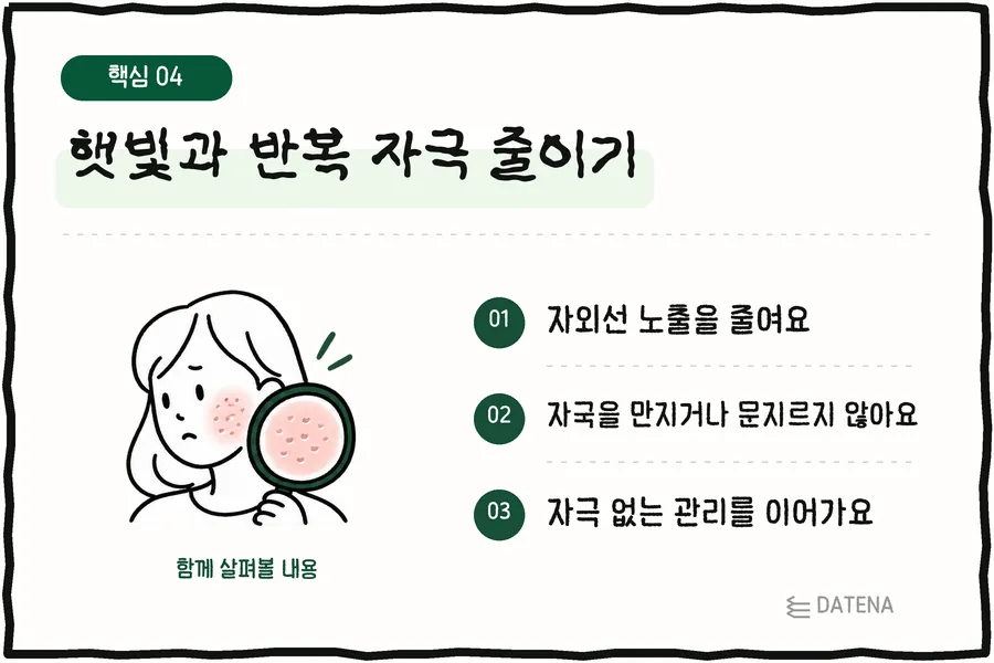 햇빛과 반복 자극 줄이기: 자외선 노출을 줄여요; 자국을 만지거나 문지르지 않아요; 자극 없는 관리를 이어가요 — 다태나의원 설명 카드