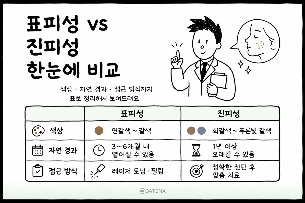 표피성 색소침착과 진피성 색소침착은 보이는 색과 지속 기간, 치료 방법에 차이가 있습니다. 현재 피부 상태를 확인한 후 알맞은 치료를 선택해야 합니다.