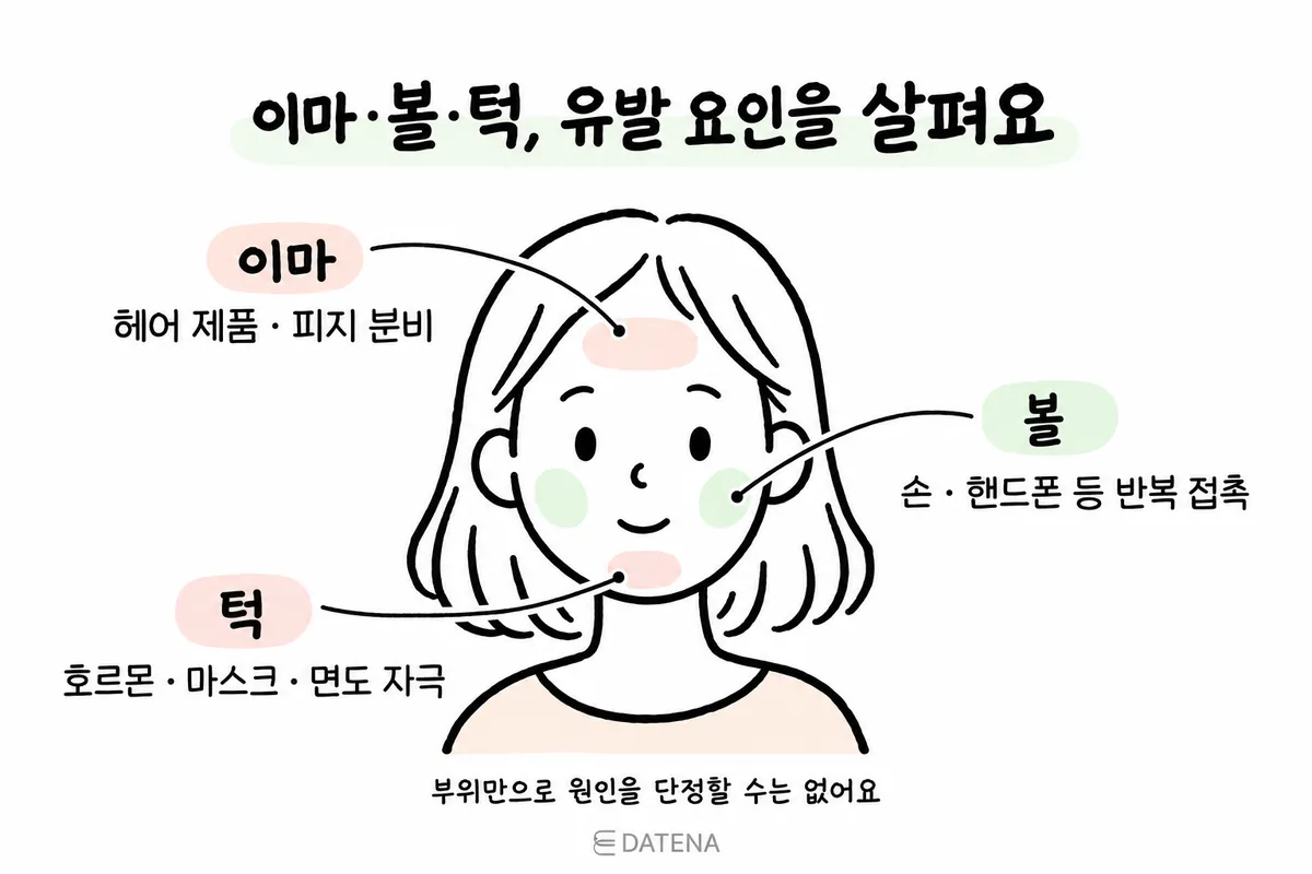 이마·볼·턱의 여드름 유발 요인을 얼굴 부위별로 표시한 그림