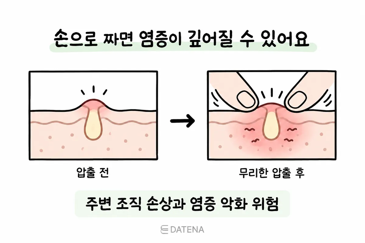 여드름을 손으로 무리하게 짜기 전과 짠 뒤 피부 자극을 비교한 단면 그림