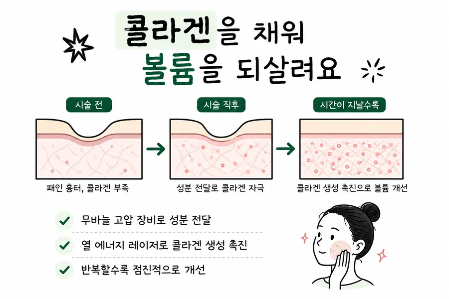넓고 완만하게 패인 여드름흉터의 콜라겐 보충과 시간에 따른 피부 단면 변화를 그린 그림