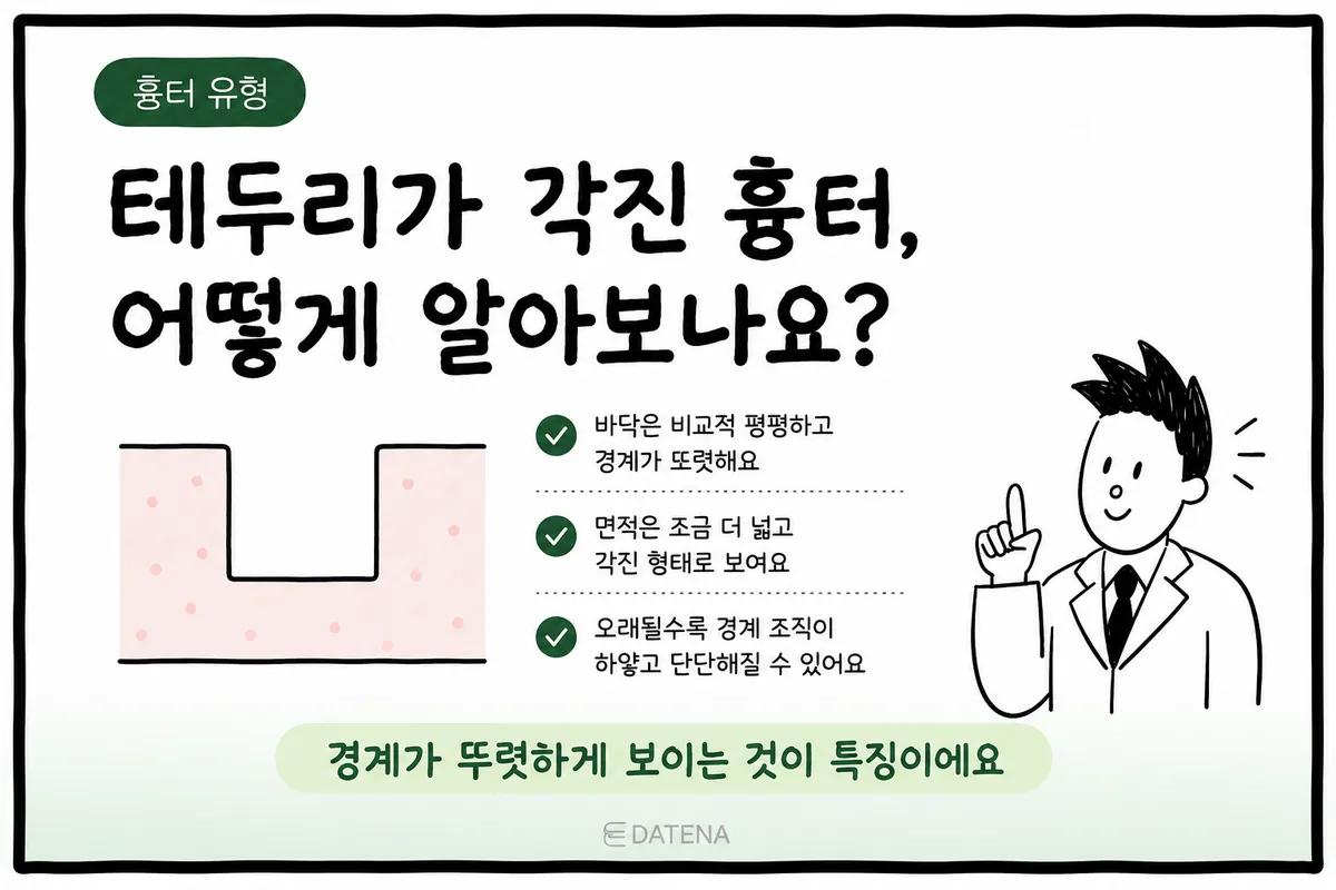 바닥은 평평하고 테두리가 직각으로 꺾인 각진 여드름 흉터 단면과 설명