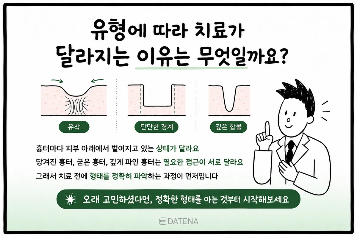 유착형, 단단한 경계형, 깊은 구멍형 흉터의 단면과 유형별 치료 접근을 비교한 그림