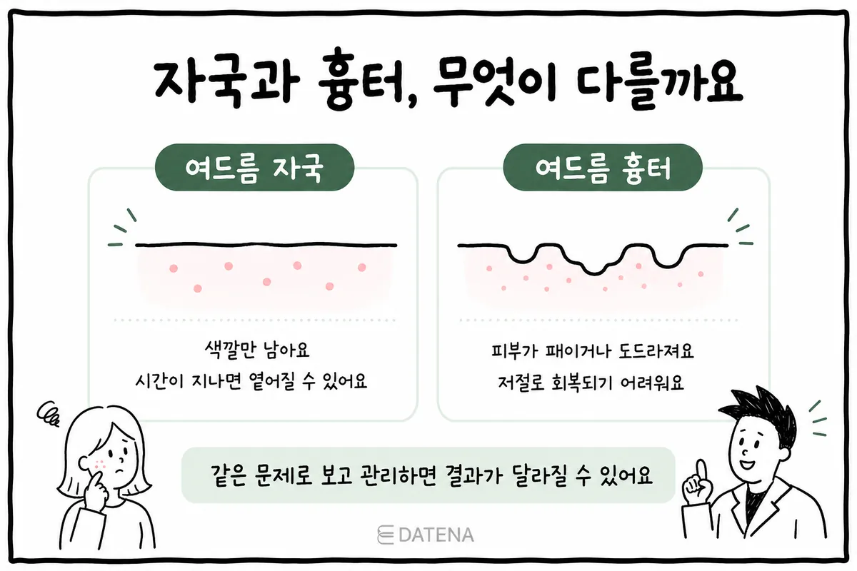 매끄러운 피부에 색만 남은 여드름 자국과 표면이 패인 여드름 흉터의 단면을 나란히 비교한 그림