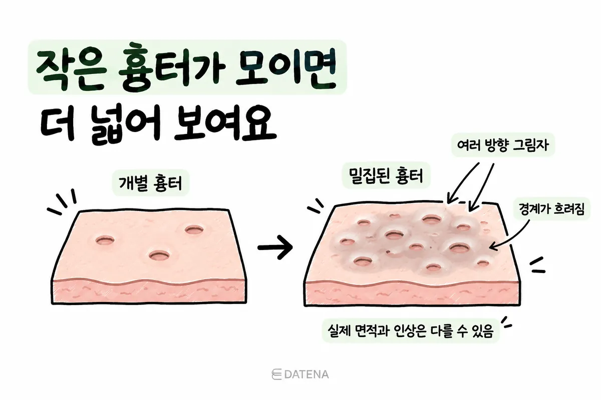 개별 여드름 흉터가 밀집하면 여러 방향의 그림자로 넓어 보이는 단면 그림
