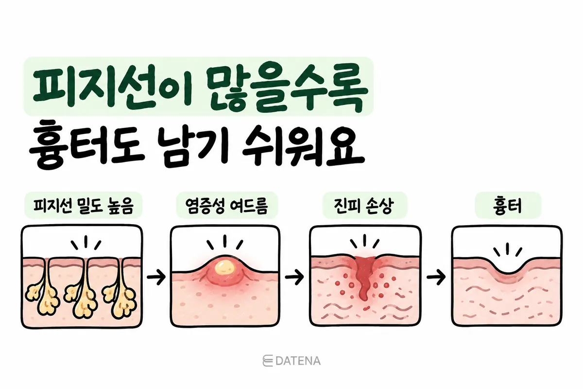피지선과 염증성 여드름, 진피 손상, 패인 흉터로 이어지는 과정을 나타낸 그림