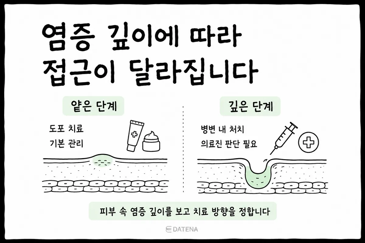 얕은 여드름과 깊은 염증성 여드름의 치료 접근을 피부 단면·도포제·주사 그림으로 비교한 카드