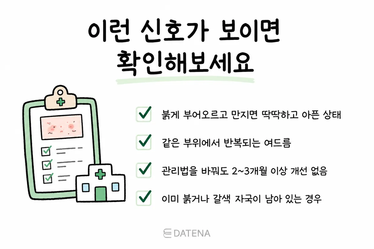 여드름이 붉고 아프거나 반복되고 자국이 오래 남을 때 진료를 고려할 신호를 정리한 체크리스트