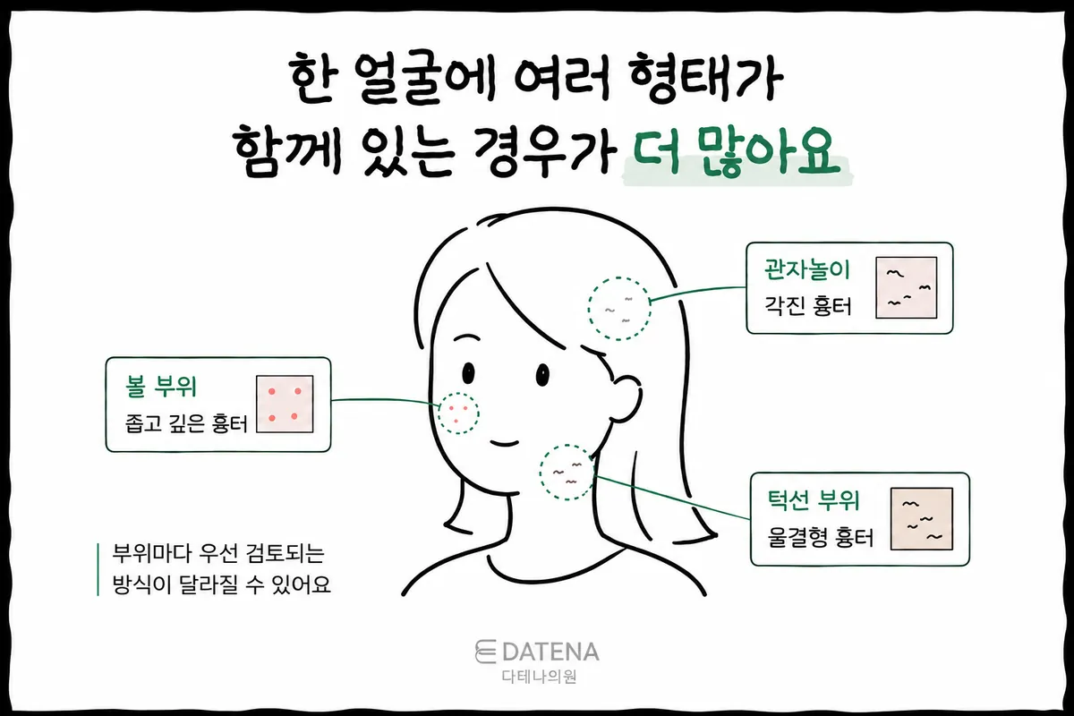 얼굴의 볼과 관자놀이·턱에 서로 다른 형태의 여드름흉터가 표시된 그림