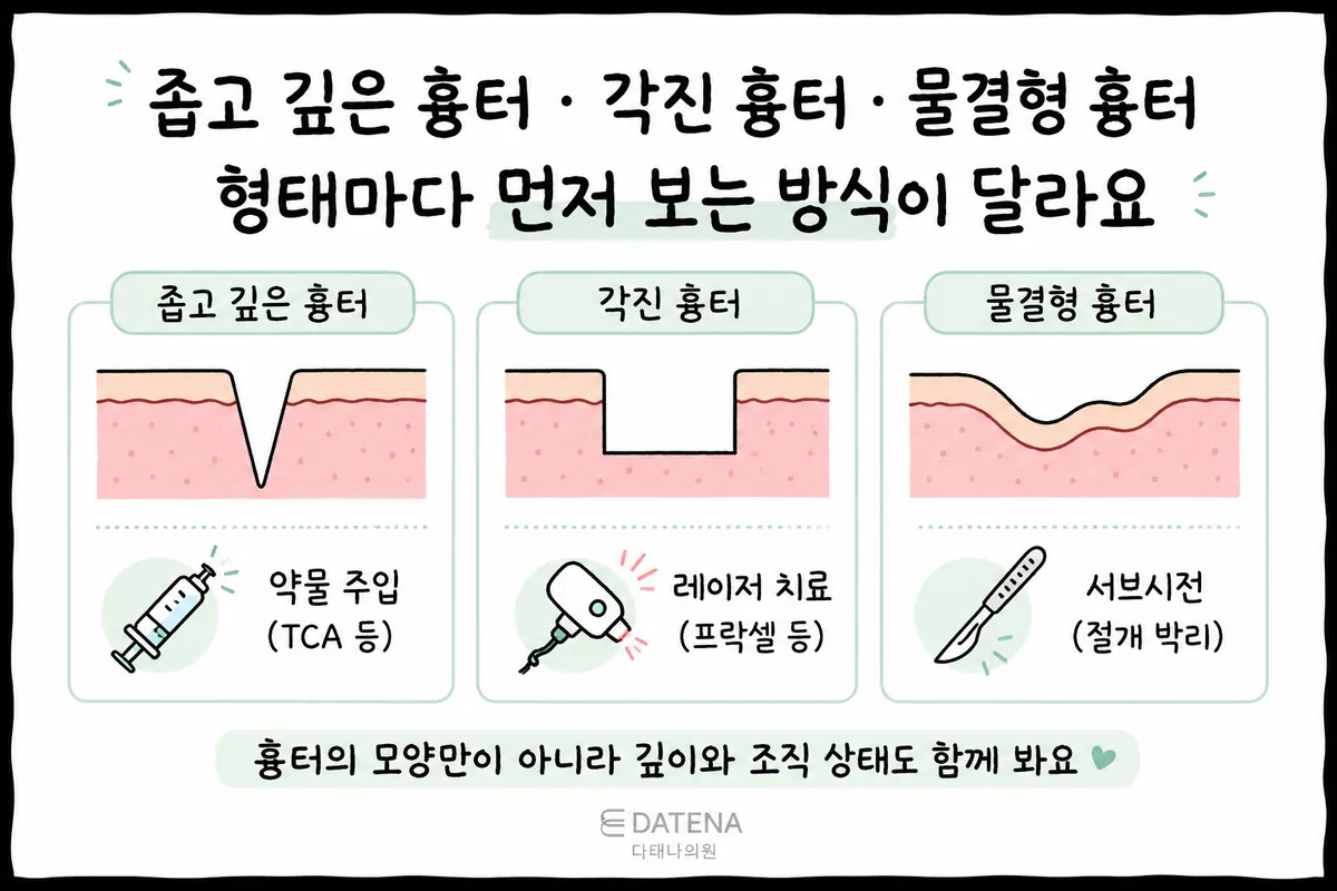 세 가지 여드름흉터 형태와 약물 주입·레이저·서브시전 치료 예시를 나란히 보여주는 그림