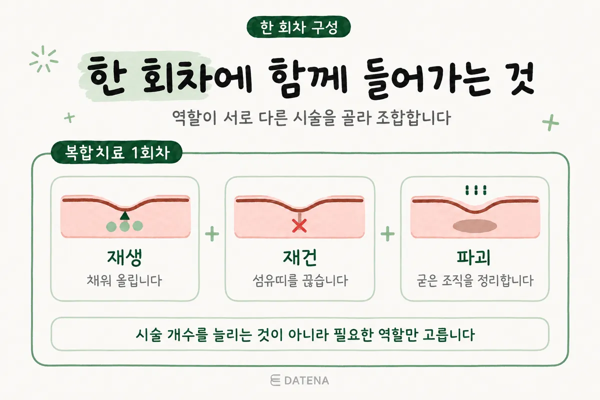 여드름흉터 복합치료 한 회차의 재생·재건·파괴 세 가지 역할을 피부 단면으로 그린 그림
