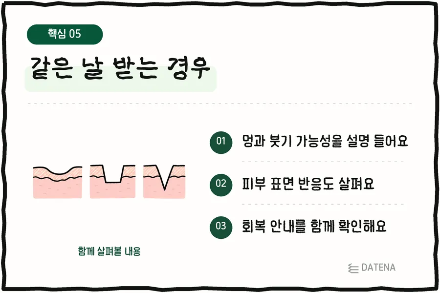 같은 날 받는 경우: 멍과 붓기 가능성을 설명 들어요; 피부 표면 반응도 살펴요; 회복 안내를 함께 확인해요 — 다태나의원 설명 카드