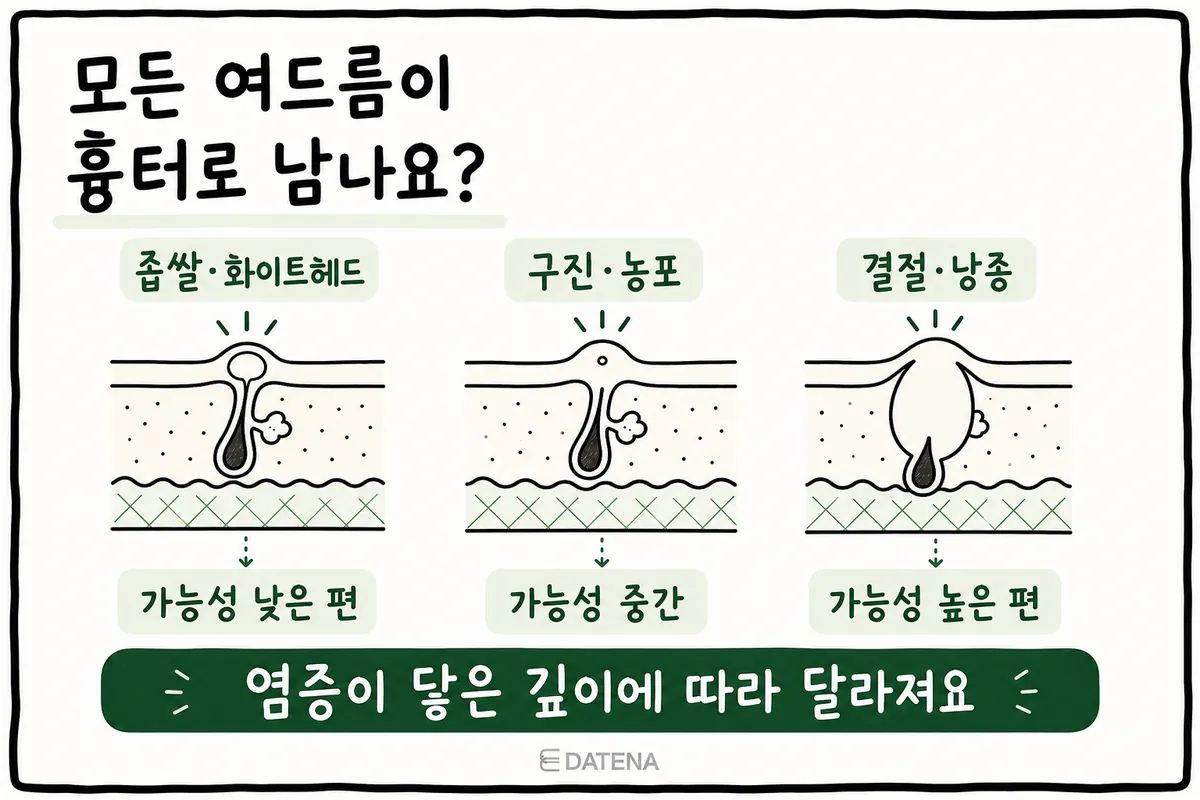좁쌀·화이트헤드, 구진·농포, 결절·낭종의 피부 단면과 흉터 가능성을 비교한 그림