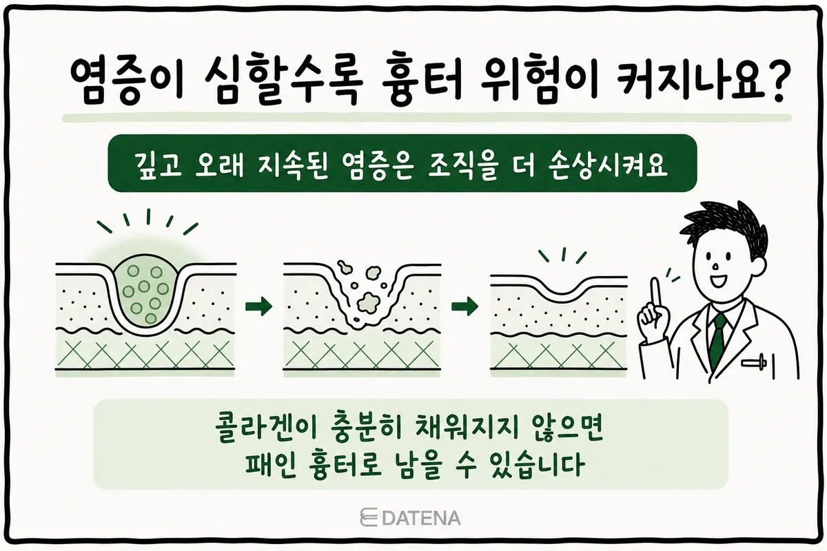 깊은 염증이 주변 피부 조직을 손상시키고 패인 흉터로 이어지는 피부 단면 과정
