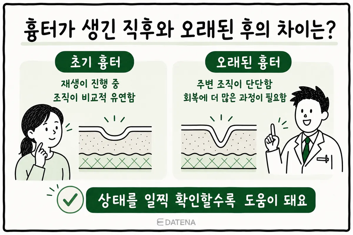 회복 중인 초기 흉터와 주변 조직이 단단해진 오래된 흉터의 피부 단면 비교