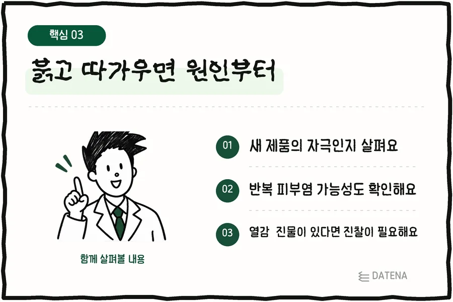 붉고 따가우면 원인부터: 새 제품의 자극인지 살펴요; 반복 피부염 가능성도 확인해요; 열감·진물이 있다면 진찰이 필요해요 — 다태나의원 설명 카드