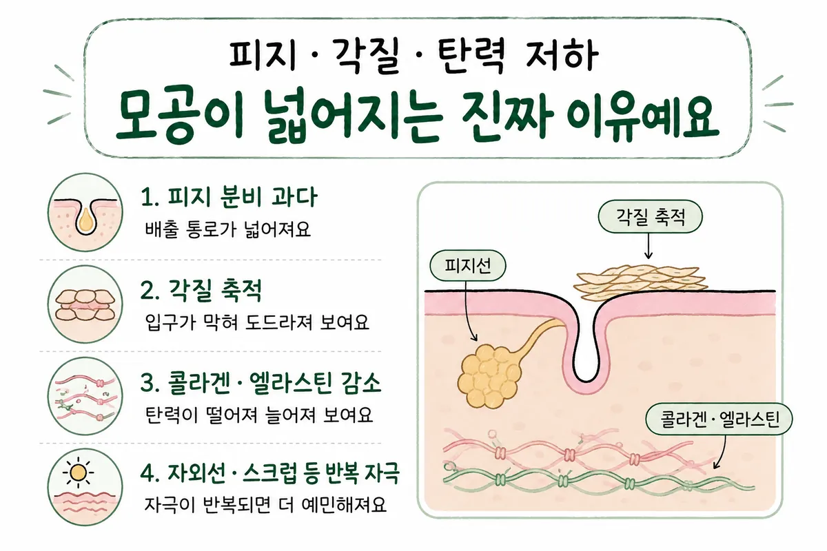 피지 분비·각질 축적·피부 탄력 변화로 모공이 넓어 보이는 원인 그림