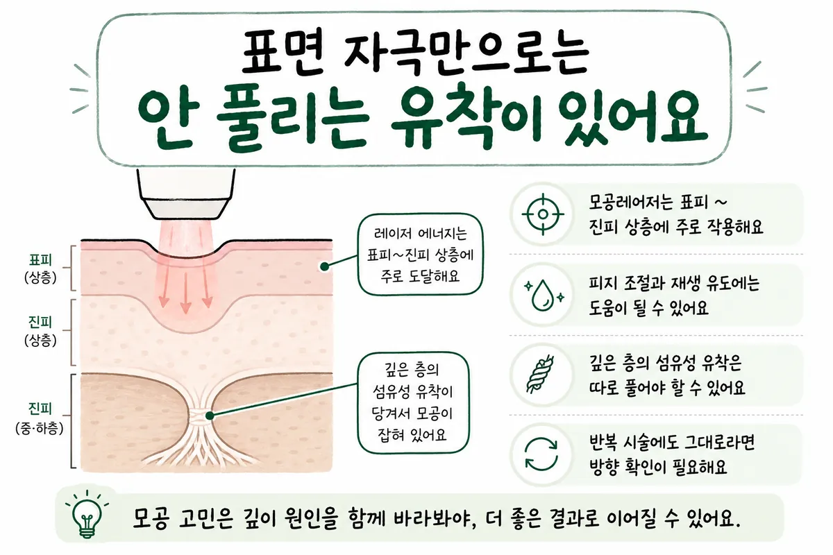 모공 레이저의 표면 자극과 피부 깊은 층 유착을 비교한 피부 단면 그림