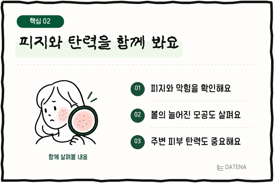 피지와 탄력을 함께 봐요: 피지와 막힘을 확인해요; 볼의 늘어진 모공도 살펴요; 주변 피부 탄력도 중요해요 — 다태나의원 설명 카드