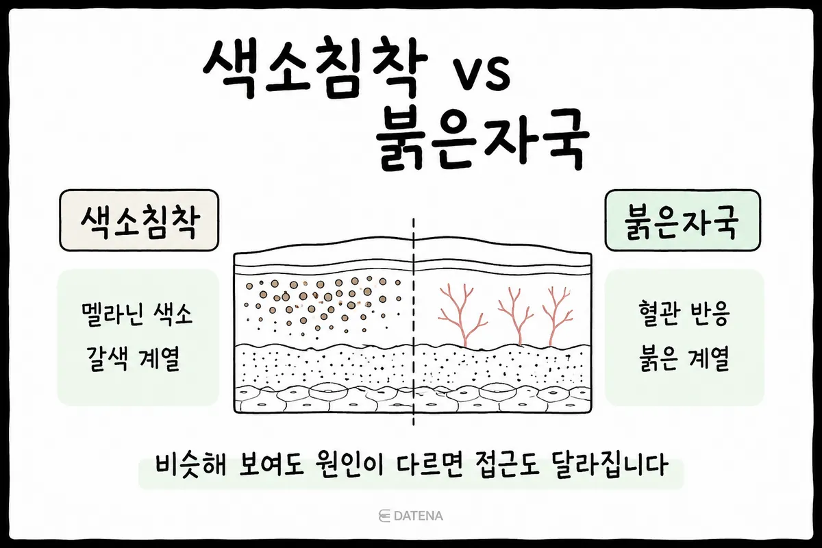 멜라닌 색소가 쌓인 색소침착과 혈관이 비치는 여드름 붉은자국의 피부 단면 비교