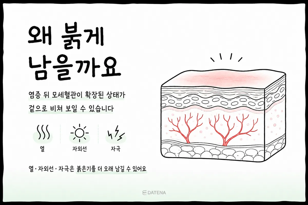 여드름 염증 후 확장된 모세혈관이 피부 아래에서 붉게 비치는 단면 그림