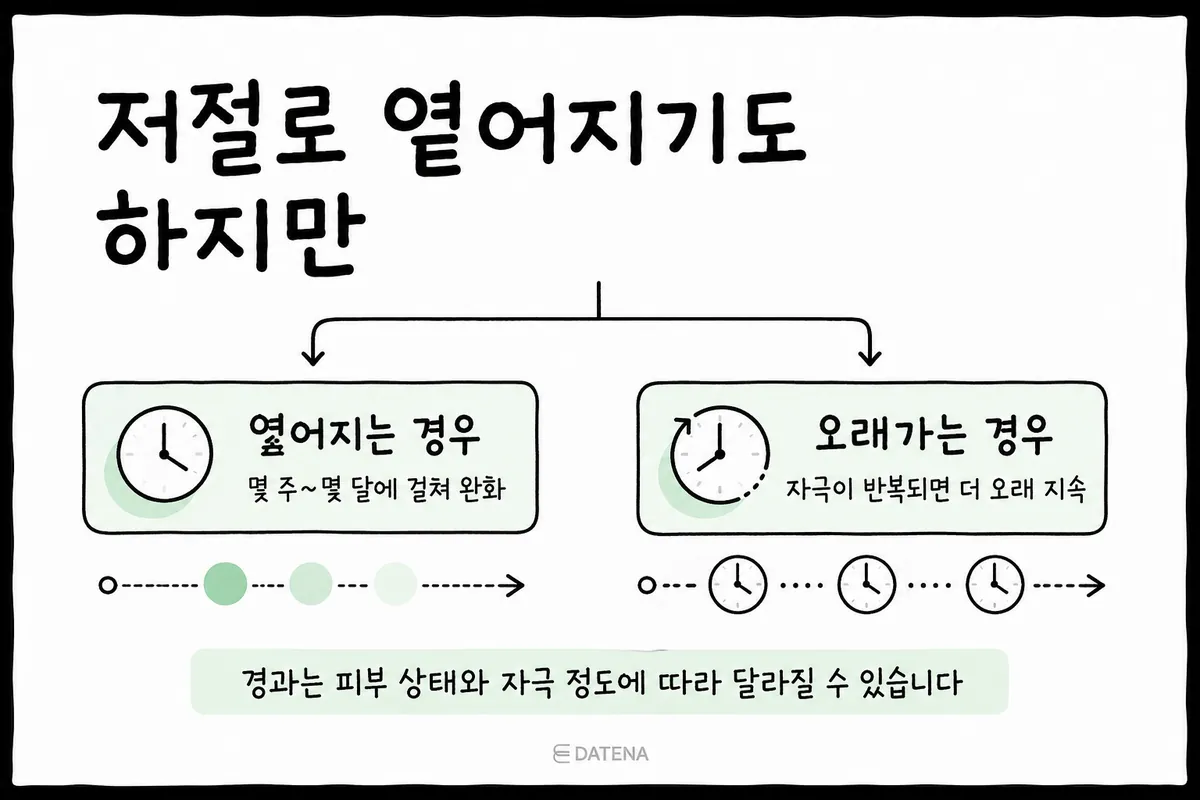 여드름 붉은자국이 시간이 지나 옅어지는 경우와 오래 지속되는 경우를 비교한 도표