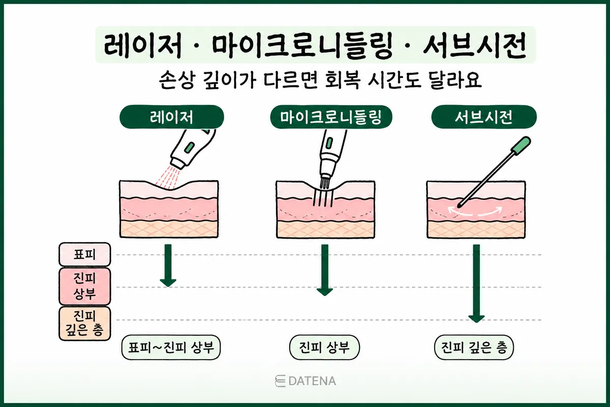 레이저·마이크로니들링·서브시전의 피부 자극 깊이를 나란히 비교한 그림
