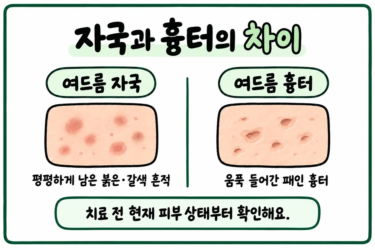 평평한 여드름 자국과 움푹 패인 여드름 흉터를 비교한 그림