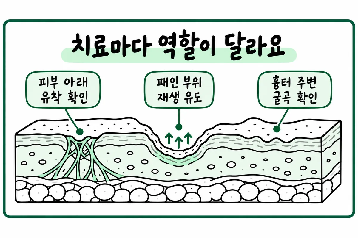 피부 아래 유착 확인·패인 부위 재생 유도·흉터 주변 굴곡 확인을 나타낸 치료 역할 그림