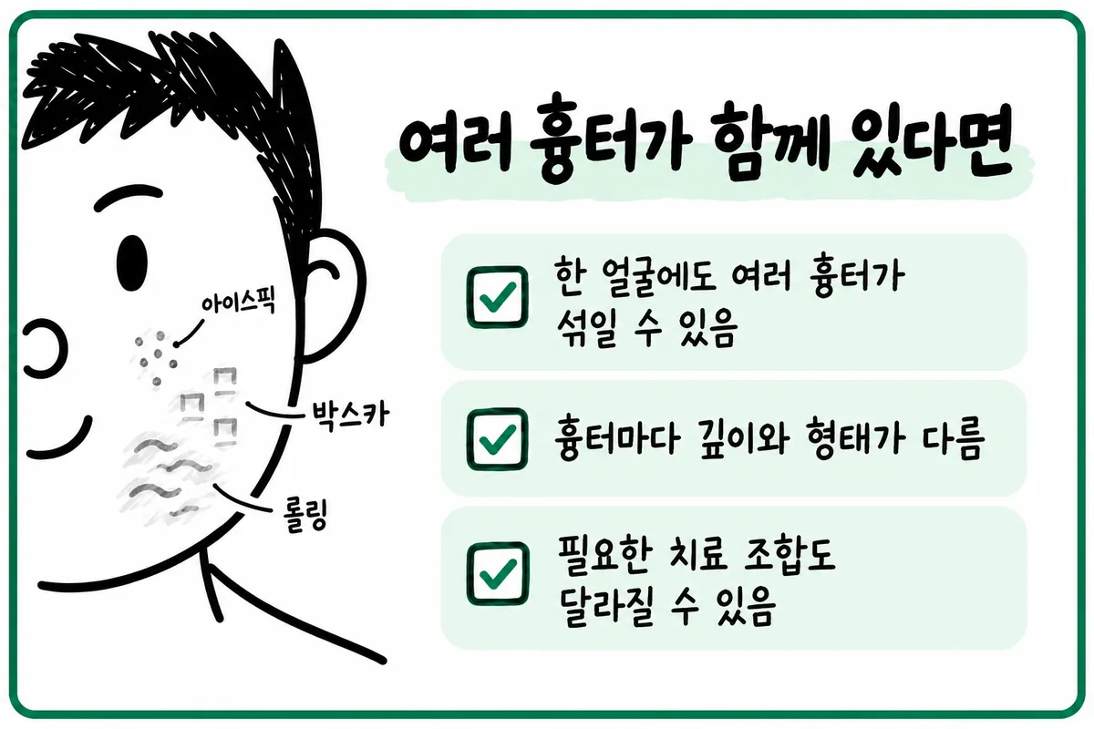 한 얼굴에 아이스픽·박스카 등 여러 흉터가 함께 나타나는 모습을 설명한 그림