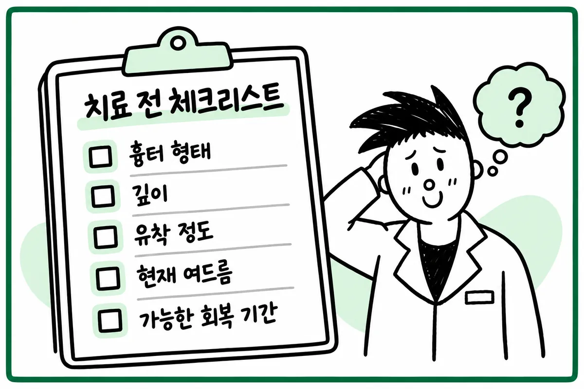 흉터 형태·깊이·유착 정도를 살펴보는 치료 전 체크리스트 그림