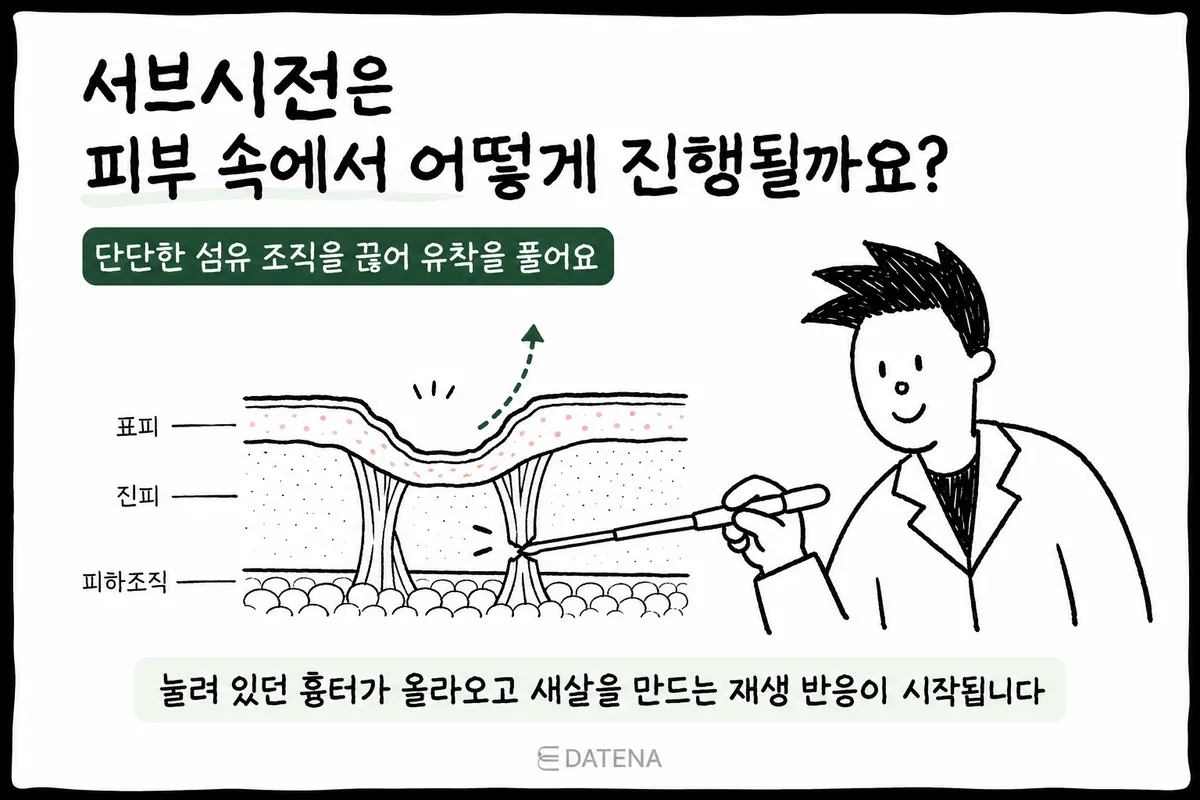 서브시전 기구로 피부 아래 유착 섬유를 분리해 패인 흉터가 올라올 공간을 만드는 단면 그림
