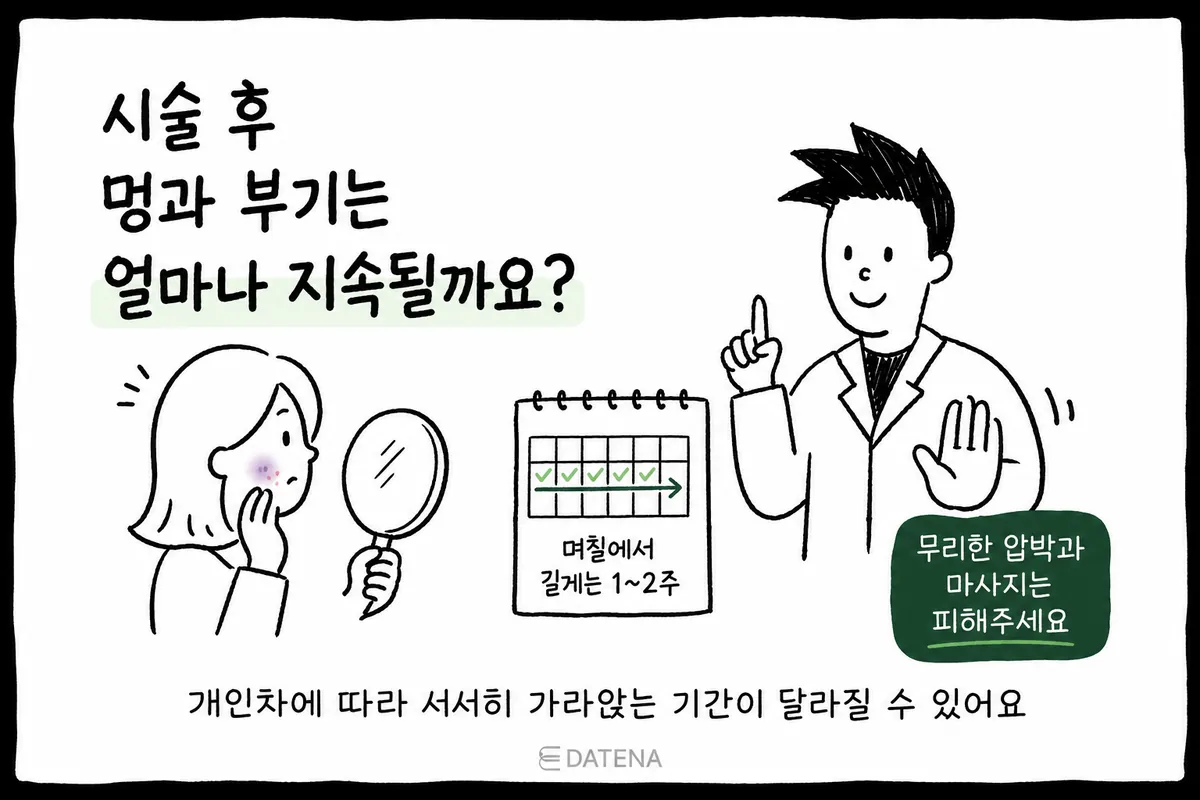 서브시전 후 멍·부기의 경과와 회복 중 주의사항을 달력과 인물로 보여주는 그림