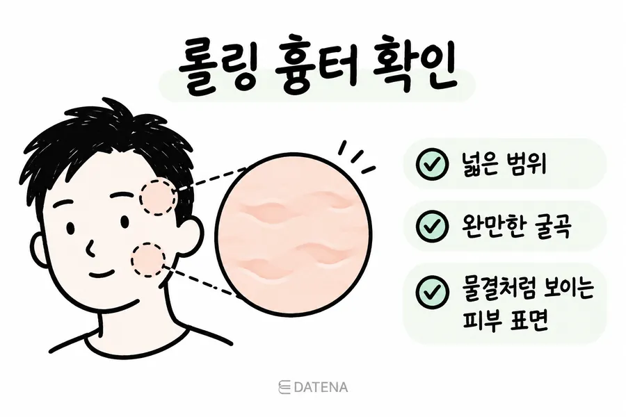 넓고 완만한 굴곡과 물결 모양 피부 표면으로 롤링 흉터를 살펴보는 그림